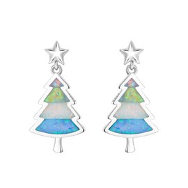 Christmas Tree Stud Earrings for Women Girls, 925 Sterling Silver Created Opal Evergreen Earrings