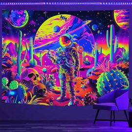 Blacklight Funny Astronaut Space Tapestry for Men, Trippy Mountains Planet Galaxy Desert Cactus UV Reactive Tapestries, Cool Neon Skull Aesthetic Glow In The Dark Tapestry Wall Hanging, 60X40IN