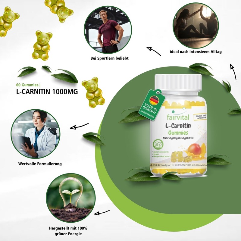 fairvital L-Carnitine Gummies, Pack of 60, 1000 mg per Daily