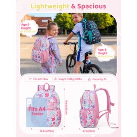 RAVUO Kids Backpack, 14.6" Toddler School Bag for Girls Ages 3-8, Lightweight Water Resistant Elementary Kindergarten Bookbag with Chest Strap, Fits A4 Folder,Pink Flower