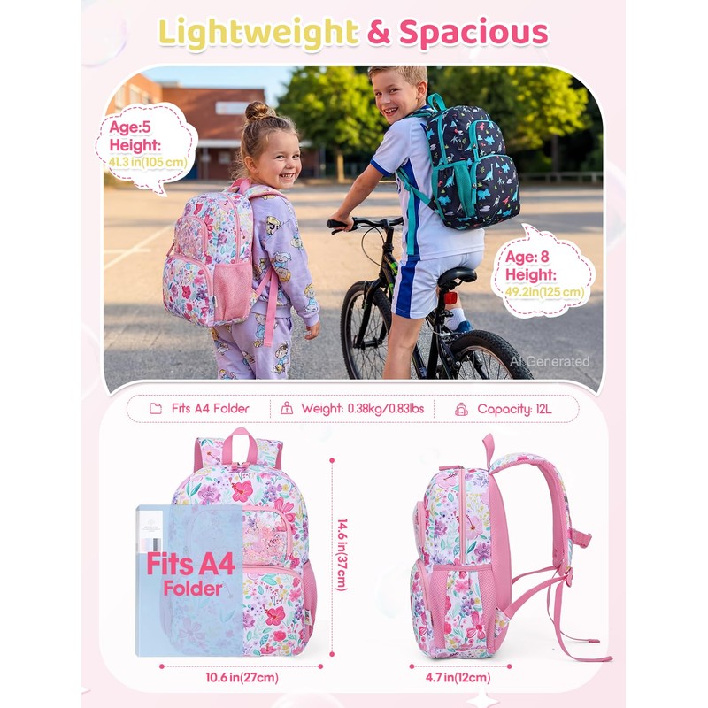 RAVUO Kids Backpack, 14.6" Toddler School Bag for Girls Ages