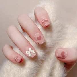 24pcs Short Press on Nails, Nude Blue Pink Cute Designed 3D Ornaments Reusable Glue on Nails Round Square Almond Shape False Nail CINSEVAN'L (Frosted Bowtie)