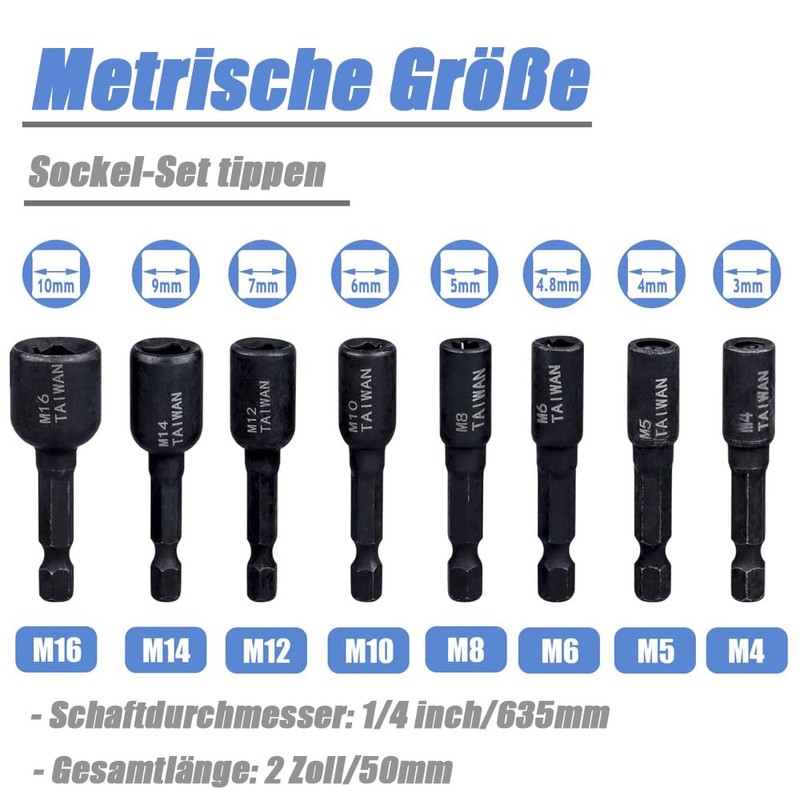 Mesee 8 Pieces M4-M16 Tap Socket Adapter, 1/4 Inch Hex