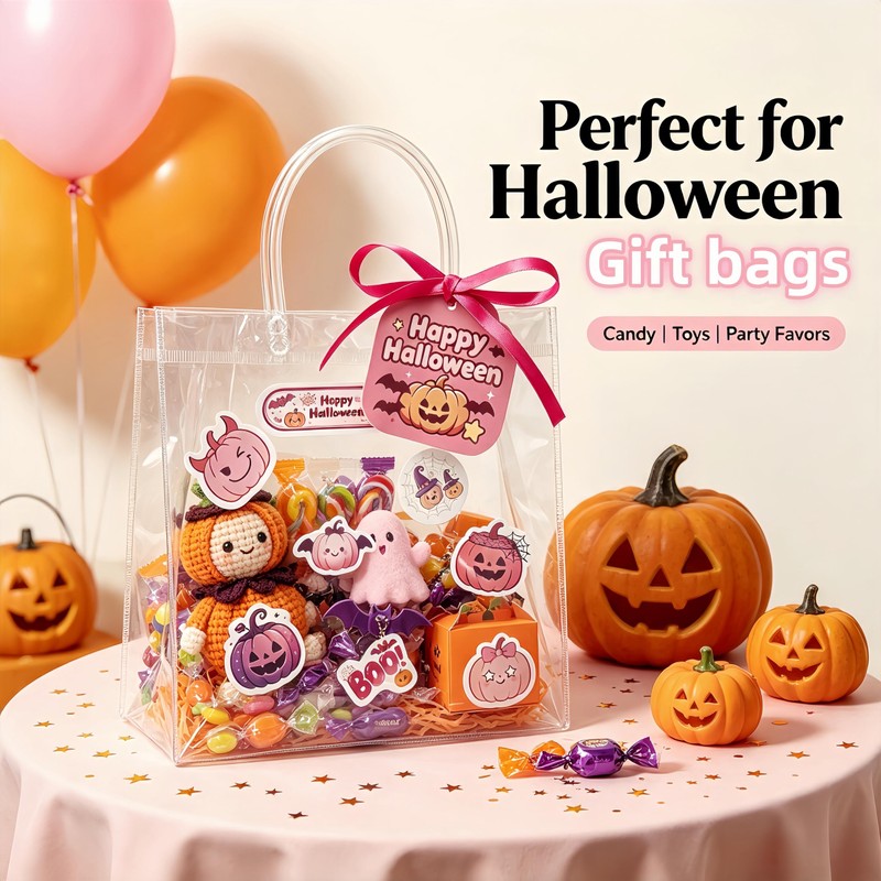30 Pack PVC Halloween Goodie Bags,Clear Treat Bags with Tags
