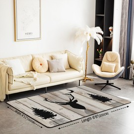 Deer Antler Area Rug 3'x5',Lodge Cabin Style Rustic Animal Non Slip Carpet for Kids Girls Adults,Jungle Pine Tree Christmas Wildlife Decor Rug for Living Room Bedroom Playroom Backyard