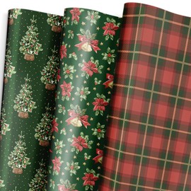 LeZakaa Christmas Wrapping Paper 6 Sheets, Vintage Green Christmas Trees, Poinsettia, Red Bow Bells, Red Green Buffalo Plaid, Folded Flat for Holidays Party 19.7" x 27.5" Per Sheet