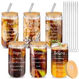 Maxcheck 6 Set Christian Glass Cups with Lids and Straws Brushes 16 oz Iced Coffee Summer Drink Cups Sunflower Tumbler Employee Appreciation Gifts Beer Glass for Friends Coworkers Gifts(Christian)