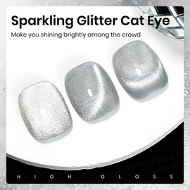 MIZHSE Cat Eye Gel Nail Polish Silver Glitter Cateye Gel Polish with Magnet, Holographic Crystal Shimmer Magnetic U V LED Soak Off Gel Nail Polish for Home DIY Manicure