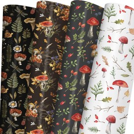 SaringSwoon Mushroom Wrapping Paper for Kids Adults - Black White Gift Wrap With Mushroom Floral Butterfly Woodland Design for Birthday Spring Mother's Day Christmas - 20×29 Inches, 8 Folded Sheets