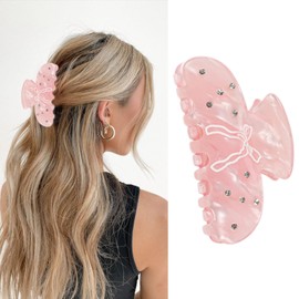 Large Hair Claw Clips for Women Pink Hair Clips with Bow Pattern Rhinestone Claws Strong Hold Jaw Barrettes Pink Acrylic Clamps with Gems Bow Hairpins for Thick Cute Hair Accessories for Styling 1Pcs