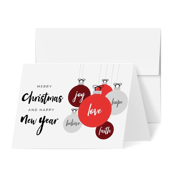 2024 Merry Christmas and Happy New Year – Love, Faith, Hope, Joy, Believe Greeting Cards for Christmas, New Year's, Winter Holidays – | 4.25 x 5.5 (A2 Size) | 25 Cards and 25 Envelopes per Pack