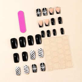 24Pcs Christmas Press On Medium Square Black Fake Nails With French Tip Design Silver Line, Glitter Full Cover Artificial Glue On Nails For DIY Winter Decoration