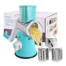 Cudebo Rotary Cheese Grater, Cheese Grater Hand Crank with 3 Interchangeable Blades, Manual Cheese Shredder with Strong Suction Base, Easy to Use and Clean, Blue