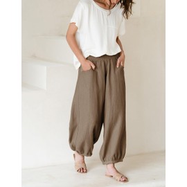 Xiaoxuemeng Womens Wide Leg Pants Cotton Linen Casual Baggy Pants Elastic Waisted Lounge Trousers with Pockets(Brown-XS)