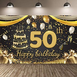 Happy 50th Birthday Backdrop Banner 70.8 x 43.3 Inch, 50th Anniversary Birthday Photo Booth Backdrop Large Fabric Black Gold Sign Poster Background for Men Women 50th Birthday Party Decorations