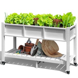 DWVO 47x18x31in Raised Garden Bed, Weather Resistant Poly Wood Planter Box Stand, Planter Box with Legs, Storage Shelf & Lockable Wheels, Elevated Garden Bed for Backyard Patio Balcony - White