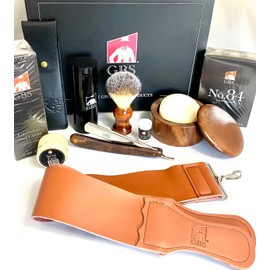 G.B.S Men's Shaving Set- 6/8 Shav Ready Razor, Wood Bowl, Synthetic Brush with Travel Tube, Leather Case Styptic Powder, Aftershave Balm and Eau De Toilette Strop & Paste!