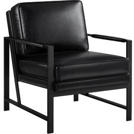 Yaheetech PU Leather Armchair, Retro Leisure Accent Chair with Extra Soft Padded and Cushion, Modern Reading Arm Chair with Black Metal Frame for Living Room/Office/Bedroom/Study Black