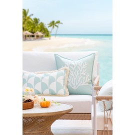 Hofdeco Premium Fall Coastal Patio Indoor Outdoor Lumbar Pillow Cover Only, 12"x20" Water Repellent for Backyard, Couch, Muted Aqua Scale Motif Fringe