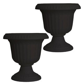 Southern Patio Large 14 Inch Outdoor Garden Lightweight Utopian Urn Planter with UV-Coated Finish for Entryways, Walkways, and More, Black (2 Pack)