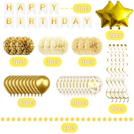 Recosis Gold Birthday Party Decorations - Banner, Pompoms, Confetti, Balloons, Garland for Boys, Girls, Women, Men's 6th to 70th Birthday