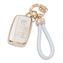 VNIDJGB Car Key Fob Cover with Keychain Lanyard, 5 Buttons TPU Soft Car Key Cover with Bling Diamonds Keyring & Leather Rope Clasp, Smart Soft Cars Keys Fob Case, for XE XJ F-TYPE,TPU.