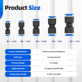 50PCS Quick Connect Air Hose Fittings 5/32 1/4 5/16 3/8 1/2 inch Straight Push to Connect Fittings Kit Quick Release Pneumatic Connectors Air Line Fittings for 5/32 1/4 5/16 3/8 1/2 inch Tube