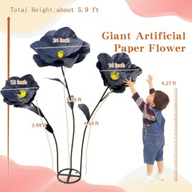 5.9 Ft Large Paper Artificial Flowers,Giant Flowers for Decoration,Standing Huge Handcrafted Poppy Flowers for Garden,Hotel,Office,Photography Props,Wedding,Art Gallery,Shop Window Display(Black)