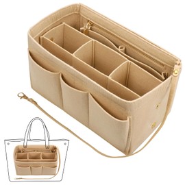 Fentar Tote Bag Organiser Insert, Felt Handbag Organiser Insert with Multiple Compartments and Zips, Tote Bag Insert, Sturdy Bag Organiser with Key Chain for Tote Bag (L, Beige)