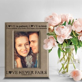 Bella Busta -Love Never Fails-1 Corinthians (bible verse)-Anniversary for Her, Him-Valentines Day- Engraved Leather Picture Frame (5 x 7 Vertical)