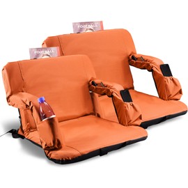 Stadium Seats for Bleachers with Back Support and Thick Padded Cushion,24" Extra Wide Portable Reclining Folding Chair with Optional Arms, 4 Pockets and Shoulder Straps,Big Size,Orange,2PCS