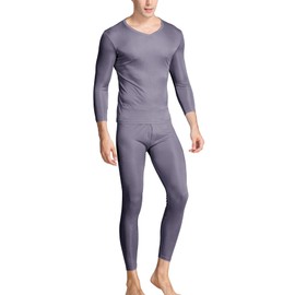 Grenasasilk Men's Silk Long Johns Mulberry Silk Long Underwear V-Neck Breathable Thermal Underwear Sets & Undergarments (S, Grey)