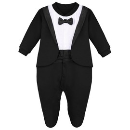 Lilax Baby Boy Gentleman Tuxedo Footie Christmas Holiday Outfit with Bow Tie, Black, Newborn