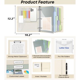 3 Ring 1 Inch Linen Binder Organizer, BVSSX Three Ring Binders with Clipboard, Plastic Folder, 5-Tabs Pocket Dividers with Sticker Labels, Pen Loop, Elastic Strap (Beige, Letter Size)