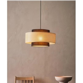 LIGHTLAND Rattan Farmhouse Pendant Light Fixture, Hand Woven Dining Room Pendant Light with Fabric Shade, Rustic Pendant Hanging Light Fixture for Kitchen Island Rattan Pendant Light 16''