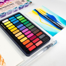 STATIONERY ISLAND Watercolour Paint Set Professional Painting Supplies Kit in Portable Travel Tin with Paintbrush and Mixing Palette, 36 Full Pan Sketchers' Pocket Box for Artists Adult Beginners