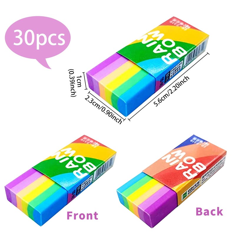 Pack of 30 Soft 2B Erasers, Rainbow Erasers, Rubber Erasers