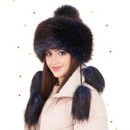Futrzane Classic Mongolian Hat - Winter Fur Hat Women - Fur Hat Russian, Navy with Brown Classic