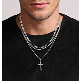 HSWYFCJY 3Pcs Set Cross Necklace for Men, Mens Cross Necklace Cross Chain Layered Stainless Steel Rope Figaro Chains for Women Boys Gold Silver Black (20inch/22inch)