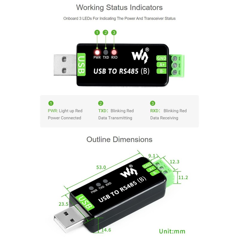 Waveshare Industrial USB TO RS485 Bidirectional Converter (2 Pieces), Onboard