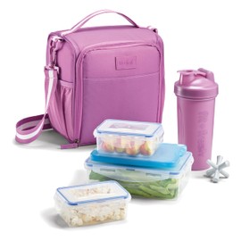 Fit & Fresh BREE Meal Prep Lunch Box With Containers, Ice Pack, and Shaker Bottle For Men and Women, 6pc. Meal Prep Kit Lunch Bag With Containers Included, Mauve