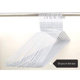 DODIN HOME 30 White Wire Hangers Space Saving Metal Coat Hanger Suit Hangers with Trouser Bar Clothes T-Shirt Dress (White, 30)