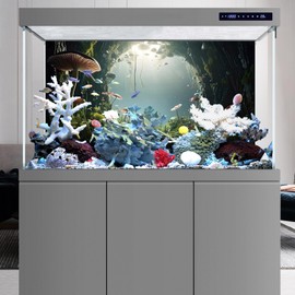 AWERT 24x12 inches Aquarium Background Foggy Stone Mushroom Moss Terrarium Background Polyester Green Plants Cave Fish Tank Background