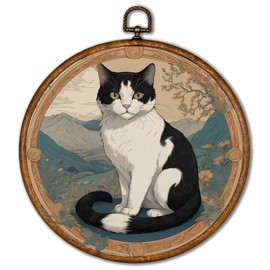 KSDUT Cat Wall Decor Art - Vintage Pet Canvas Frame Hanging Prints, Mid Century Modern Animals Round Wall Art for Home Bedroom Decorations 10"x10", Gifts for Cat Lovers