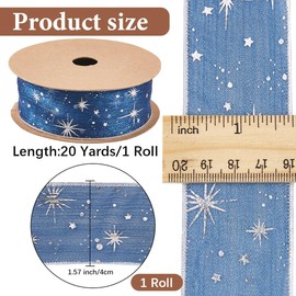 CABODYALS 18.29M 40mm Navy Dark Blue Star Printed Sheer Chiffon Trim Sparkly Silver Starry Sky Pattern Transparent Organza Fabric Wide Ribbon for Making Bows Gift Wrapping Party Home Decor Diy Crafts