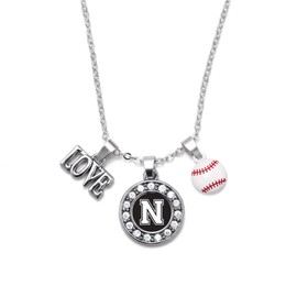 Inspired Silver - Baseball - Sports Initial N - Silver Necklace for Women - Circle Pendant Chain Necklace Jewelry Gift with Cubic Zirconia - Women's Necklace Charm with Lobster Claw Clasp