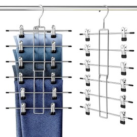 Perchas para Pantalones con Clip, 6 en 1 Percha Plegable de Acero Inoxidable, Perchas para Faldas y Pantalones. Gancho Ajustable con Clip, para Faldas, Vaqueros, Pantalones Cortos - Paquete de 2