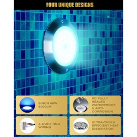 Goldlife P9-2 6Inch Pool Light for Inground Pools 12V 60W 6000LM, 50ft Cord LED Underwater Pool Lights, IP68 Waterproof Swimming Pools Light, RGB Pool Light Fixture (NOT Included Controllers)