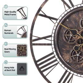 Moving Gear Large Wall Clock 30inch/76cm Copper, Decorative Wall Clocks for Living Room, Unique Farmhouse Steampunk Metal Wall Clock Decor, Office Wall Clocks