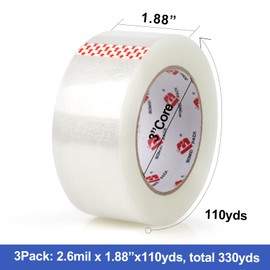 BOMEI PACK 3 Pack Heavy Duty Clear Packing Tape with Dispenser, 2.4 mil, 1.88 inch x 110 Yards, Packing Tape Refills for Industrial Shipping Box Packaging Tape for Moving, Office, & Storage